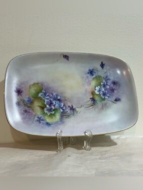 Vintage Signed HandPainted Vanity Dresser Tray Porcelain Dish Violets Gold Trim